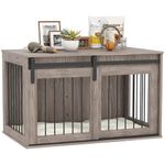 PawHut Dog Crate Furniture, Large Dog Cage with Barn Door for Large Breeds, End Side Table Pet Kennel with Removable Cushion for Indoor Use, 98 x 58 x 61cm, Walnut Brown