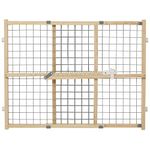 New World Wire Mesh Wood Dog Gate, Pet Gate, Does Not Damage Walls, No Tool Assembly, Features Patented Locking Arm, 24H x 27-41.5W - Inches, Natural Wood & Light Gray Mesh