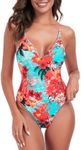 RELLECIGA Women's Blue Floral V Neck One Piece Swimsuit High Cut Bathing Suits Size Small