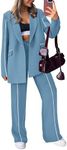 PRETTYGARDEN Women's Fall Spring 2 Piece Blazer Outfits Business Casual Oversized Jacket Wide Leg Work Pants Dressy Suit Set (Blue,Large)