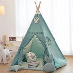 LGMOONYE Foldable Teepee Tent for Kids Green Pompom Ball Design with Floor Mat,Carry Case,Banner,Four Ploes Classic Cute Children Playing House Indoor Outdoor Nursery Decor