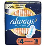 Always Ultra Thin Overnight Pads with Wings, Size 4, Overnight, 16 count