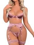 Aphrotiny Sexy Lace Lingerie for Women Exotic Garter Belt 4 Pieces Floral Bra and Panty Sets Pink