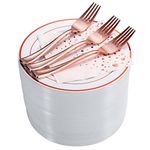 Stylish Rose Gold Dessert Plates, Forks and Cocktail Napkins (100 Set), 7.5 Inch Appetizer Plates or Salad Plates, Wedding Cake Plates, Disposable Plates for Wedding with Rose Gold Napkins