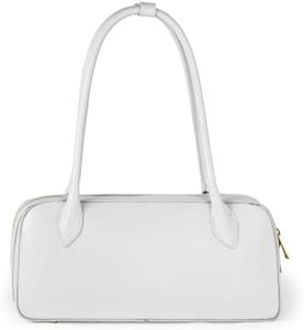 Italian Genuine Calf Leather Bag for Women with Top Handles and Zippered Top | Rectangular Shoulder Boston Purse (White)