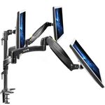 VIVO 17 to 32 inch Triple Pneumatic Monitor Mount, 2 Pneumatic Arms, 1 Fixed, Adjustable Swivel, Rotation, Heavy Duty VESA Desk Stand with C-clamp, Max VESA 100x100, Black, STAND-V300G