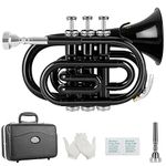 EastRock Pocket Trumpet Black Laquer Brass Bb Pocket Trumpet for Beginners or Students, Intermediate Players with Standard 7C Trumpet Mouthpiece,Hard Case,Valve Oil,Strap,White Gloves&Cleaning Cloth