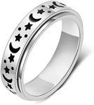 Spinner Ring Fidget Ring Stress Relieving Ring Moon Star Stainless Steel Rotating Star Couple Rings Wedding Promise Rings Valentine's Day Gift (8, Silvery)