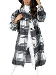 LASPIA Long Plaid Shirts Shacket Jacket Button Down Long Sleeve Woolen Blend Shirts Trench Coats for Women,B Black,S