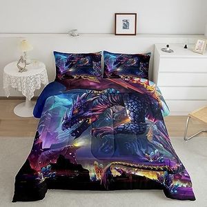 Fire Dragon Comforter for Kids Boys Girls Soft Magical Dinosaur Comforter Set Twin Microfiber Breathable Jungle Animals Pattern Bedding Set for Children Wildlife Style Quilted Bedspread Room Decor