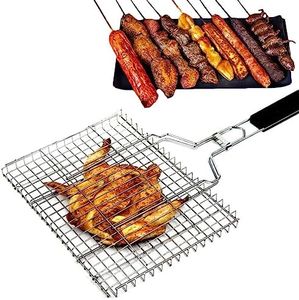 Holzsammlung Griglia Barbecue Cestello, Cestino in Acciaio Inossidabile da Barbecue Pieghevole Portatile con Staccabile Maniglia di Legno per Gamberetti, Bistecche, Pesce e Verdure, 32 x 22 x 3.5 cm