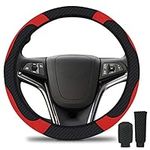 URAQT Steering Wheel Cover, 3 Pack Microfiber Leather Car Steering Wheel Cover Set Include Handbrake Cover Gear Shift Cover, Breathable Anti-slip & Universal Size, Black-Red