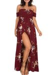 YMING Women Summer Beach Maxi Dress Off Shoulder Flowers Print Dress Split Sexy Evening Dress Wine red 3XL