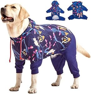 LovinPet Big Pitbull Dog PJS Wound Care/Post Surgery Dog Clothes,Anxiety Relief Onesies for Dogs, Lightweight Stretchy, Large Dog Pjs for Dogs, Reflective Stripe, Fishtopia Seascape Navy Print/Large