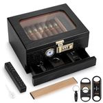 Tesonway Cigar Humidor, Cedar Wood Humidor Cigar Box, Glass Top Desktop Humidor with Front Hygrometer, Humidifier, Divider, Accessories Drawer and Combination Lock, Cigar Gifts for Men (Black)