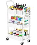 Pipishell 3-Tier Rolling Cart, Metal Utility Cart with Pegboard, Lockable Wheels & U-Shaped Handle, Storage Cart with 2 Hanging Cups & 4 Hooks for Living Room, Bedroom, Kitchen, Office (White)