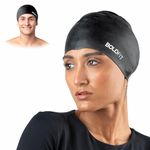 Boldfit Swimming Cap for Men Silicone Swimming Caps for Women Unisex Swim Cap for Boys, Girls and Kids Swimming Cap for Women Long Hair Swimming Head Cap Men Silicone Fabric, Easy Fit - Black