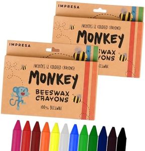 IMPRESA [2 Pack Natural Beeswax Crayons for Toddlers & Kids - Kid Friendly Crayons Made With 100% Pure Beeswax - 12 Vibrant Colors in Each Set for Your Child's Coloring Delight -Sharpener Included