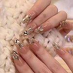 CATKIN 24PCS Long False Nails with Glue Stickers, Press on Nails no Glue for Women Girls Medium Square Decoration Fake Nails