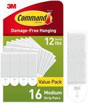 Command PH204-16NA Picture Hanging Strips, Medium, White, Holds up to 12 lbs, 16-Pairs, Easy to Open Packaging Hardware