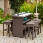 DEVOKO 7Pcs Patio Wicker Bar Table Set With Stools,Outdoor Dining Set With Waving Top Table&Chairs For Garden Porch Pool Patio Furniture Set Space Saving(Coffee Brown),129.5 Cm,76.2 Cm,106.7 Cm