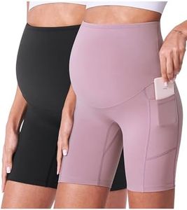 POSHDIVAH Women's Maternity Shorts Over The Belly Biker Yoga Active Pregnancy Workout Short Pants with Pockets 2PCS Black Pink 8" X-Large