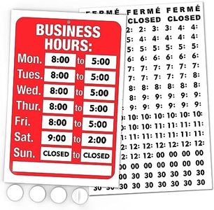 ASSURED SIGNS Open Signs, Business Hours Sign Kit - 7.7" x 11.7" - Bright Red and White Colors - Includes 4 Double Sided Adhesive Pads and a Black Number Sticker Set - Ideal Signs for Any Business, Store or Office