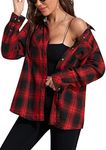 KevaMolly Plaid Long Sleeve Flannel Shirts for Women Loose Fit Boyfriend Button Down Shirt Casual Flannel Blouse Tops Red Black M