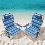 5-Position Aluminum Lay Flat Tall Backpack Beach Chairs 2 Pack, Compact Portable Beach Chairs for Adults with Cooler Pouch, Storage Pouch, Towel Bar, Cup Holder & Phone Holder, Blue Stripe