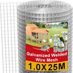 Amagabeli 1.0Mx25M,12.7mm Holes 0.7mm Galvanized Welded Chicken Wire Mesh Roll Aviary Fence Wire Hot-Dipped Mesh Fencing Hardware Cloth Coop Rabbit Snake Animal Enclosure