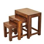 SHRI MINTU'S ART Wooden Nesting Table | Nesting Stools Set of 3 | Peg Table | Solid Wood Sheesham, Brown Finish