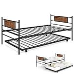 COSTWAY 3FT Metal Day Bed with Trundle, Single Bed Frame with Pull-out Bed, Headboard and Steel Slat Support, Industrial Space-Saving Guest Sofa Bed Platform Bed Base Mattress Foundation