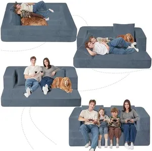 Cansunna Folding Bean Bag Chair for Adults,3-in-1 Bean Bag Couch Faux Fur Floor Sofa Large Foam Beanbag Convertible Bean Bag Sofa Bed with Pillow in Bedroom,Living Room,Apartment-Large, Blue Gray