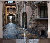 Ambesonne Medieval Curtains, Gothic Quarter Bridge Spainish Old Medieval Streets Historical Heritage The Past Photo, Living Room Bedroom Window Drapes 2 Panel Set, 108" X 90", Grey