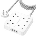 LENCENT Extension Lead with 4 Way Outlets, 3250W 13A Power Strip, 1.8M Braided Extension Cord, 1 USB-C and 3 USB Slots, Multi Power Plug Extension for Home and Office, White