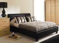 Modernique Black Faux Leather Low End Bed Frame in 4ft6 Double Sized, High Headboard with Sprung Wooden Slatted Bed Base