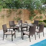 MFSTUDIO 7 Piece Patio Dining Set Including 6 Rattan Chairs with Cushions and 1 Rectangular Metal Slat Table,1.57" Umbrella Hole,Outdoor Furniture Set for Garden,Patio,Balcony