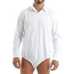 iEFiEL Men's Long Sleeve Snappies Bodysuit Press Button Down Shirt Top One Piece Leotard Romper White M