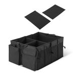Amazon Basics Car Boot Organizer with 3 Large Compartments & 8 Mesh Pockets | Foldable 600D Oxford Storage Box with Lid & Securing Straps (Black, 58×43×27 cm)
