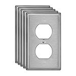 [5 Pack] BESTTEN 1-Gang Duplex Metal Wall Plate with Protective Film, Corrosion-Resistant Stainless Steel Outlet and Switch Cover, Brushed Finish, Standard Size, Silver