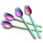 YFWOOD Sporks, 4-pack 18/10 Stainless Steel Sporks 7.4 Inches Long Handle Dessert Spoons Ice Cream Spoons Salad Forks Flatware Set Reusable Fruit Appetizer Dessert Forks for Household Use or Camping