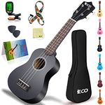 Soprano Ukulele Beginner Kit for Adult Kids 21 Inch Ukelele w/Songbook, Case, Strap, Tuner, Strings, Picks - Black