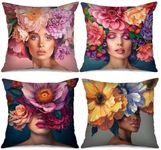 Tucocoo 4 Pcs Colorful Fashion Pillow Covers Square Pillow Cushion Cases 18x18 Inches, Beauty Lady Pillow Cases Decorative Modern Flowers Head Woman Pillowcase for Sofa Couch Car Throw Pillow Covers