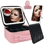 Micsci Travel Makeup Bag with Light Up Mirror,Travel Makeup Train Case Organizer with LED Lighted Mirror,3 Color LED Light Portable Cosmetic Bag with Dividers,10x Magnifying Mirror (Rose Pink)