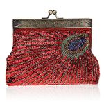 Vintage Clutch Sequin Teal Peacock Unusual Antique Beaded Sequin Evening Handbag Women's Fashion Designer Elegant Purse (Red)