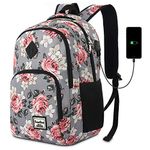 Backpack for Women,School Backpack for Teen Girls Boys College Backpack with USB Charging Port,Gray-Flower