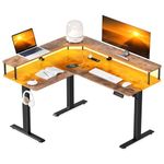 Mr IRONSTONE L Shaped Standing Desk, 55" Electric Height Adjustable Desk with 3 AC Outlets & 2 USB Ports, Stand Up Desk with LED Light Strip and Large Monitor Stand, Rustic Brown