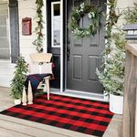 KOZYFLY Buffalo Plaid Rug 3'x5' Red and Black Outdoor Rugs Cotton Hand-Woven Washable Indoor Red Buffalo Check Rug Layered Doormats for Front Door/Front Porch/Farmhouse/Entryway/Patio