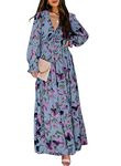 BLENCOT Women Dress Casual Boho Floral Printed Deep V Neck Loose Long Sleeve Long Evening Dress Ruched Maxi Wedding Guest Dresses Blue Medium