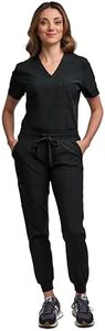 Green Town Scrubs for Women Scrub Set - Jogger Pant and Tuck-in V-Neck Top, 5 Pockets, Yoga Waistband, Nursing Uniform-Black-Medium